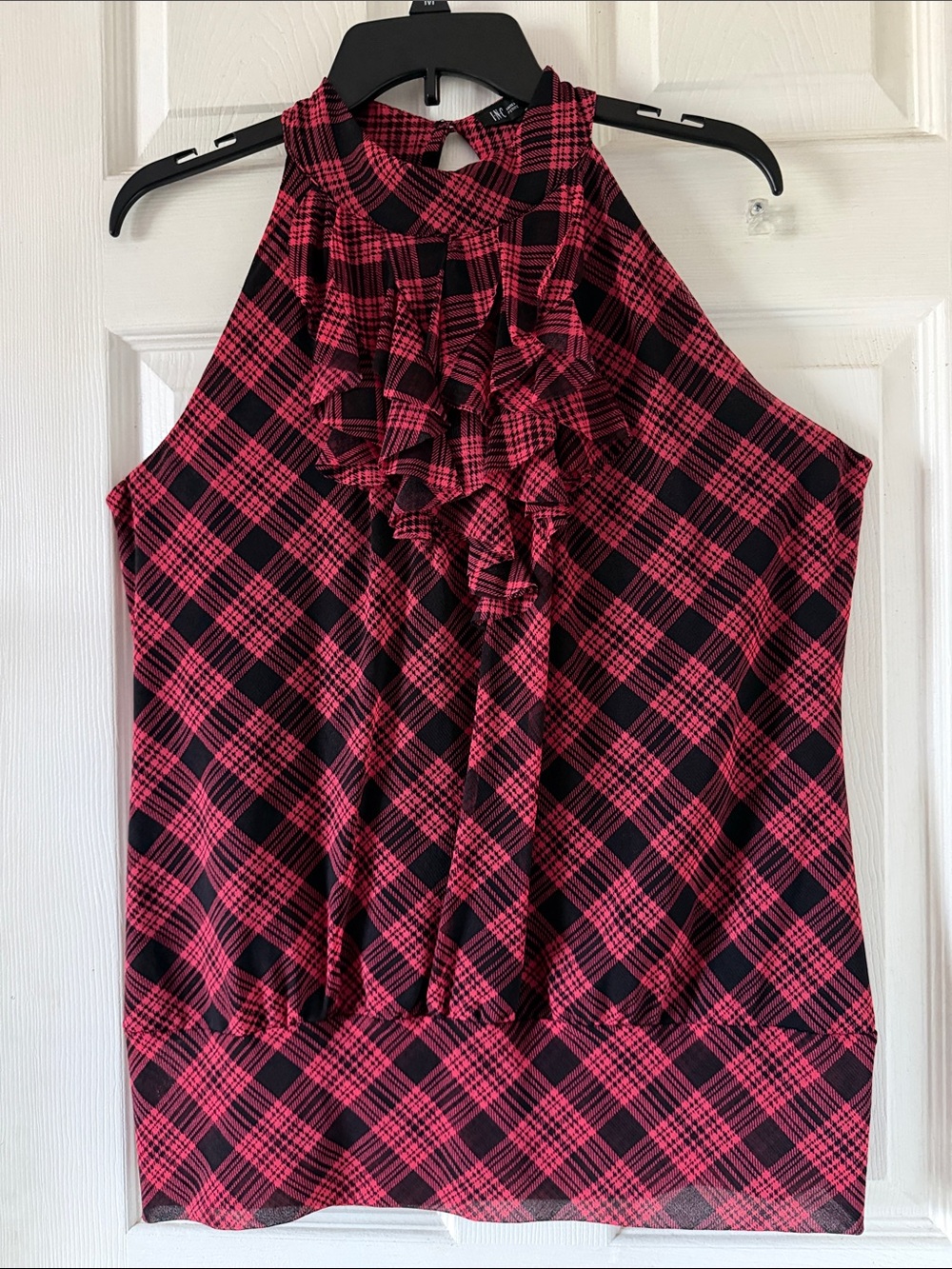 INC International Concepts Pink and Black Plaid Ruffle Halter Top